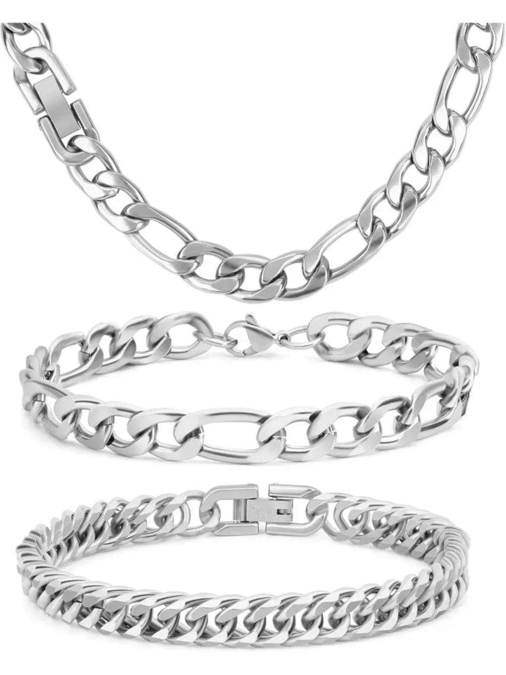 Stylish 3PCS Cuban Figaro Chain Jewelry Set - Silver, Gold, Black Stainless